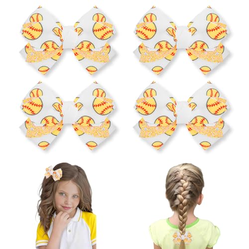 CUBACO 4 Pcs Softball Bows Hair Clips Softball Accessories for Girls Women 4" Yellow Cheer Bow Hair Clips Yellow Ribbon Cheer Hair Accessories for Teen Girls Team College Sports Party