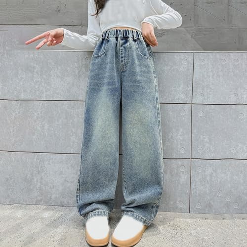 Baggy Straight Jeans for Teen Girls Wide Leg Elastic High Waist Washed Denim Pants Cute Comfy Trousers for Kids Girls2