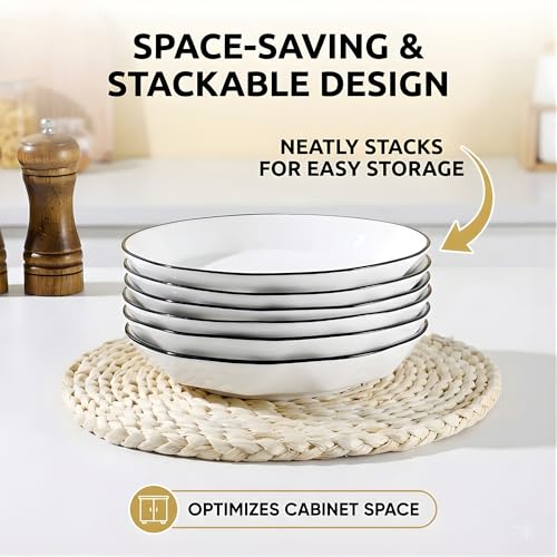 Image of Premium White Ceramic Pasta Dishes Set of 2, 8-Inch Large Shallow Salad Plates with Elegant Black Rim, Modern Geometric Faceted Design, Stackable, Microwave & Dishwasher Safe Dinnerware