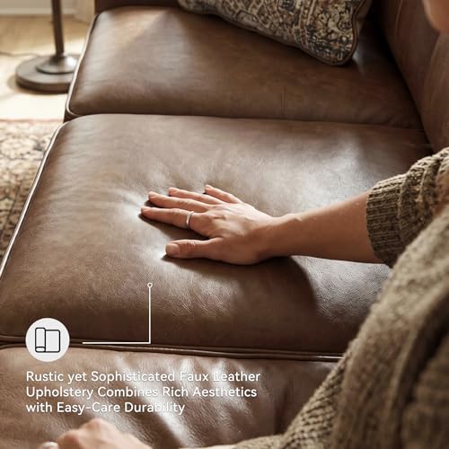 Image of Signature Design by Ashley Shadsburne Rustic Faux Leather Sofa with Nailhead Trim and 2 Throw Pillows, Brown