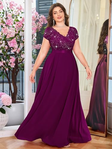 Image of Miusol Women's Plus Size Sequin Floral Lace V Neck Formal Gowns Evening Party Chiffon Maxi Dress