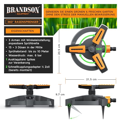 Brandson – Rasensprenger 3/4 Zoll - 360 Grad Viereckregner - 18 Düsen - unterschiedliche Abstrahlwinkel - rotierender Wassersprinkler – drei Arme – für große Flächen 314 qm – für Garten Pflanzen Beete