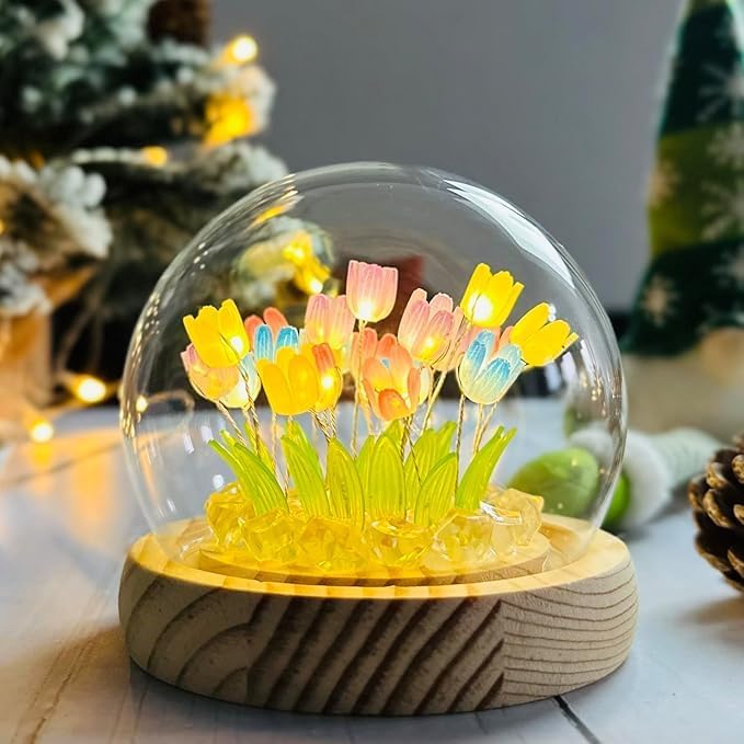 One94Store Tulip LED Night Light – Decorative Glass Table Lamp with 10 Artificial Flowers, Soft Glow for Bedroom, Living Room, Birthday & Gifts (8 cm, Multi-Color)