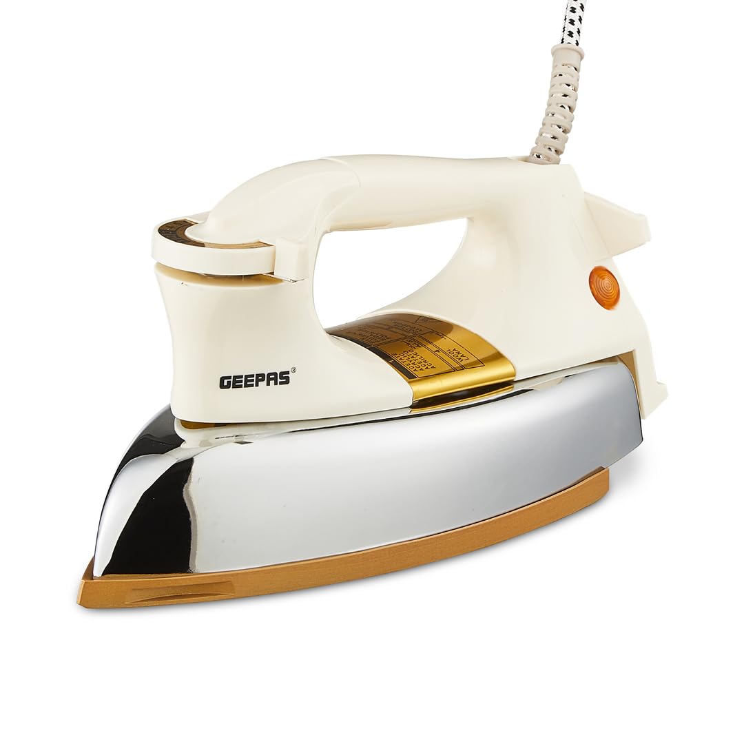 Geepas Automatic Dry Iron- GDI23011| Iron Box with Temperature Settings Dial and Auto Shut Off Function|Suitable for All Kinds of Fabric|7 Years Warranty, White and golden