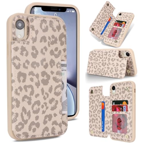 iCoverCase Compatible with iPhone XR Case with Card Holder, Wallet Phone Case for Women Men RFID Blocking PU Leather Protective Case 6.1 Inch (Beige Leopard)
