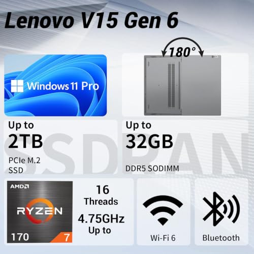 Image of Lenovo V15 Gen 6 15.6 inch FHD, AMD Ryzen 7 170 Laptop, 16GB RAM, 1TB SSD | HDMI, Type-C, Numeric Keypad, ethernet, Webcam w / Shutter, Wi-Fi 6, Windows 11 Pro, w / AI Copilot, Grey