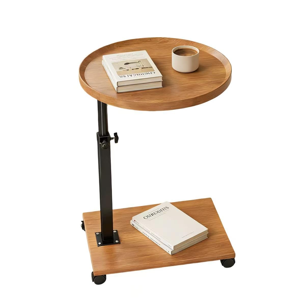 Mesa auxiliar con ruedas, mesa auxiliar regulable en altura y ruedas (45-80 cm) en forma de C de madera con ruedas giratorias de 360°, pequeña mesa de centro para salón, sofá y cama (color