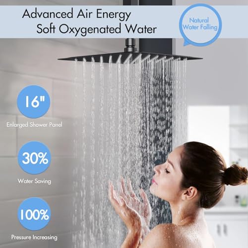 Image of Shower System with Body Jets, 16 inch Ceiling Rainfall Showe Jets System with Handheld Multiple Shower Head System(Can All Run One Time) Thermostatic Shower System with Valve and Trim