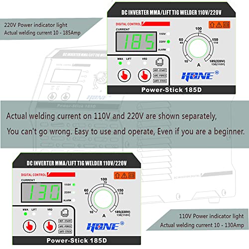 HONE ARC Welder, Actual 185Amp 110V/220V Stick Welder with Lift Tig Function, Digital IGBT Inverter Welding Machine with Hot Start Arc Force Anti-Stick VRD, High Duty Cycle for 1/16\"-5/32\" Welding Rod