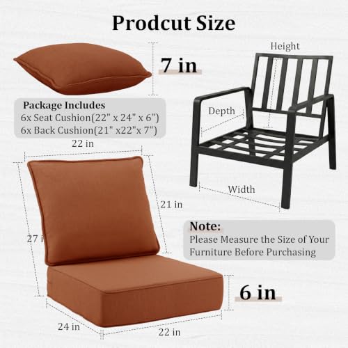 Image of 6 inch Thick Outdoor Chair Cushions, 22 x24 Inch Patio Furniture Cushions Set of 6 with Water Resistant & Removable Cover, UV Resistant, 30D High Density Sponge Patio Cushion