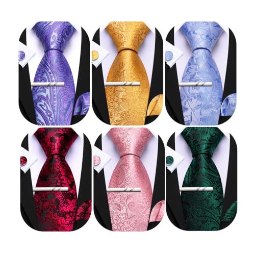 Image of Barry.Wang 6 PCS Men Ties Set Silk Business Fashion Woven Necktie Handkerchief Cufflinks Paisley Stripe Wedding Party