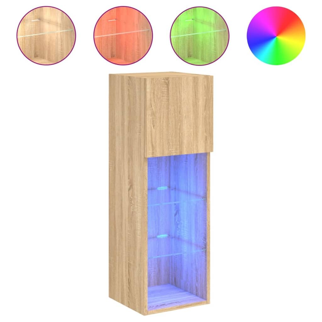 Supporto TV con Luci a LED, Legno Composito, Mobile TV a Parete con Ante e Divisori in Vetro per Lettore DVD, Dischi e Altri Piccoli Oggetti (30,5×30×90 cm)