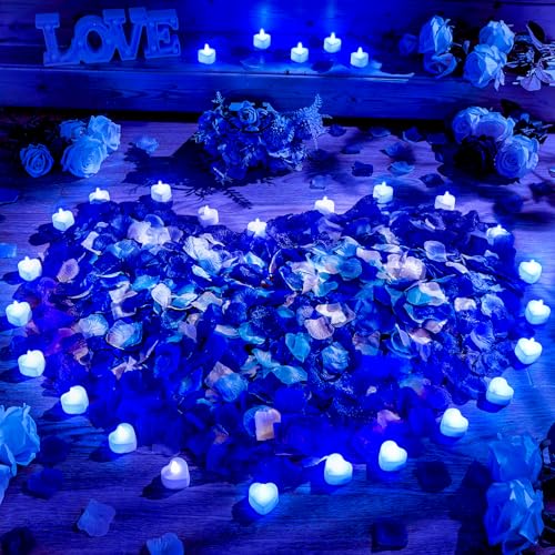 Image of Honoson 1000 Pieces Artificial White Blue Rose Petals with 24 Pcs Flameless Heart Shaped LED Tealights Candles Special Romantic Night Decorations for Proposal Wedding Anniversary Table Decor