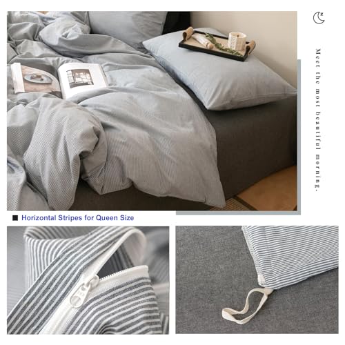 Image of VM VOUGEMARKET Grey Pinstriped Duvet Cover Set Queen 100% Washed Cotton Bedding Set,Ticking Stripes Pattern Duvet Cover with Zipper Closure (3pcs, Horizontal Stripes)