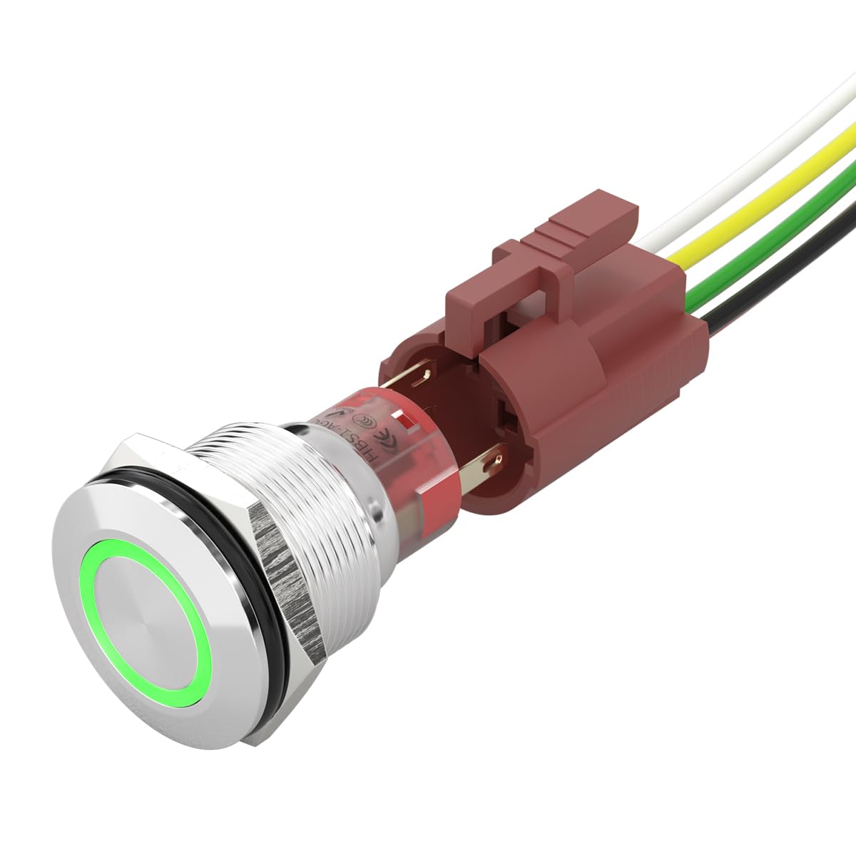 0.87"/22mm Pushbutton Latching Switch with Wiring Harness, 12V-24V Blue LED 1NO1NC SPDT, Waterproof 5A Matching connectors 5Pin IP67 Switch for 0.87" Mounting Hole Stainless Steel.