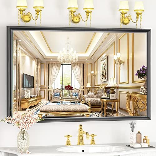 Vosuja 48 x 30 Inch Bathroom Mirrors for Vanity, Black Mirror for Bathroom, Wall Mirror for Bathroom in Aluminum Alloy Metal Frame, Rectangular Wall Mounted Mirror (Horizontal/Vertical)