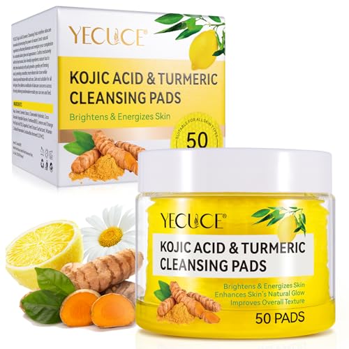 Cúrcuma Ácido Kójico Almohadillas Limpiadoras 50Pcs, Turmeric Kojic Acid Cleansing Pads, Almohadillas Exfoliantes De Cúrcuma, Lucha Contra El Acné, hidrata, equilibra el aceite y el agua