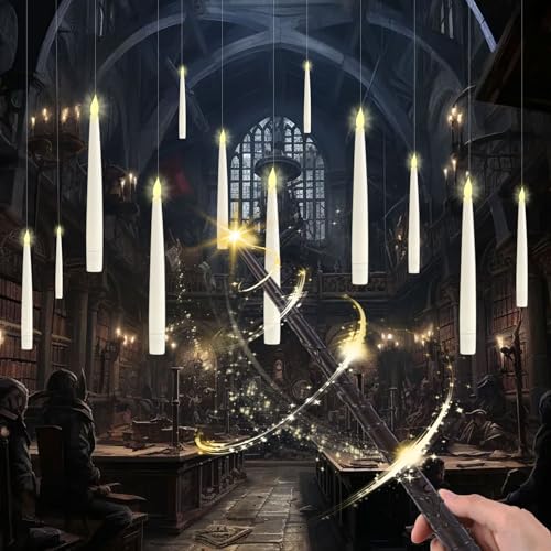 MeYuxg Velas Flotantes con Varita,12 Piezas Velas Colgantes Velas LED Alimentada por Pilas, Floating Candles Velas Cónicas Luz Cálida para Halloween Navideña Fiesta Decoración