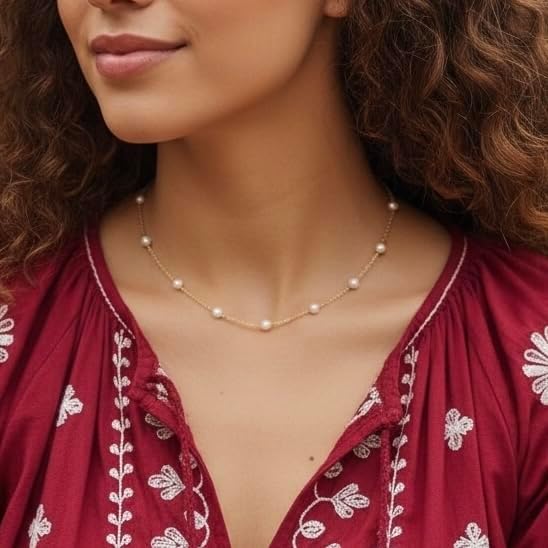 Elegant Pearl Station Necklace, 18K Yellow Gold Plated over Stainless Steel Chain with Freshwater Pearls, Delicate Choker Style for Women, Special Occasion Jewelry, Casual Necklace, 17-Inch Length with a 2-Inch Extension, Tarnish Resistant - Image 2