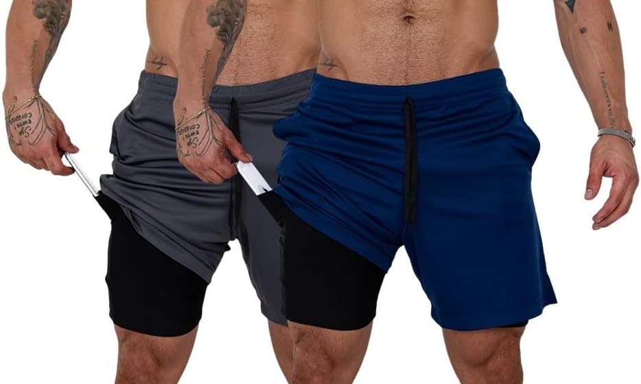 Kit 2 Shorts Duplo Masculino 2 em 1 Bermuda Dry Fit Treino Calção com Bolso Celular Academia Fitness Musculação CLICK MAGAZINE