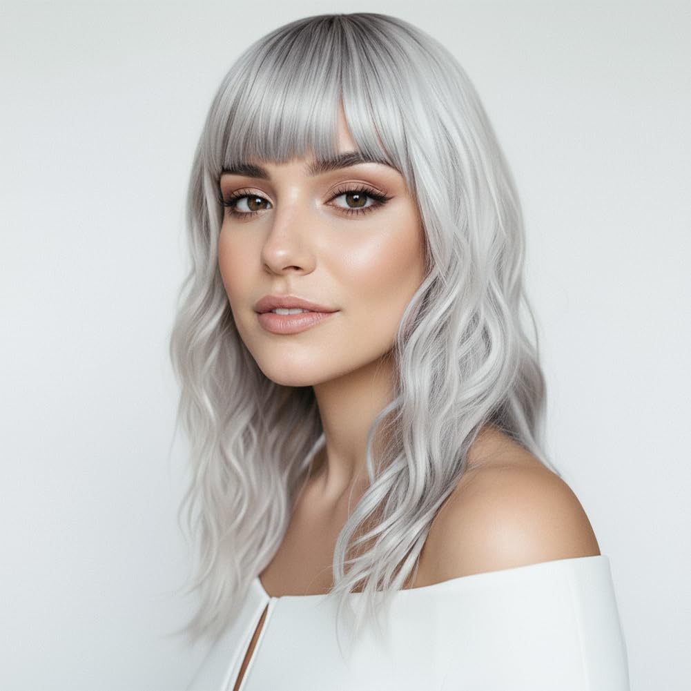 Silver Wigs for Women Ombre Grey Wavy Wig with Bangs Dark Roots Synthetic Hair Wig Medium Middle Length Bob Wig Water Wave Gray Colorful Wigs for Daily Party Cosplay Use (16 inch) Silver Wigs for Women Ombre Grey Wavy Wig with Bangs Dark Roots Synthetic Hair Wig Medium Middle Length Bob Wig Water Wave Gray Colorful Wigs for Daily Party Cosplay Use (16 inch)