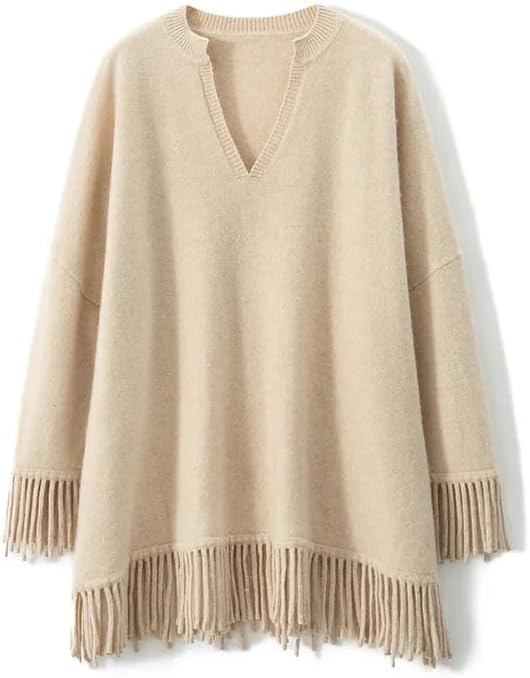 Women's Loose Large Size Sweaters Pullovers V-Neck Long Sleeve Tassel Soft Cashmere Jumper