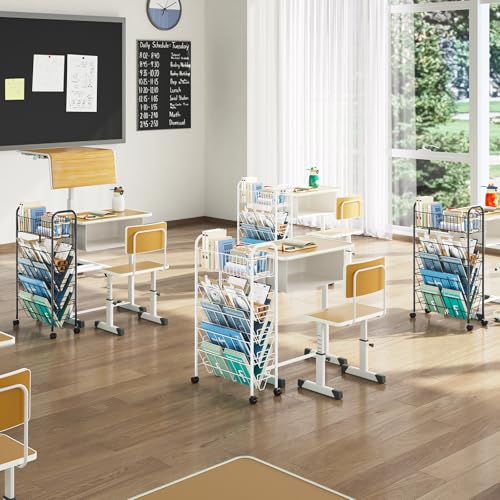 TOOLF 5 Tier Mobile Bookshelf, Metal Rolling Book Cart with Wheels, Movable Book Storage Organization for Classroom Dorm School Home, Rolling File Cart for Office Study, White