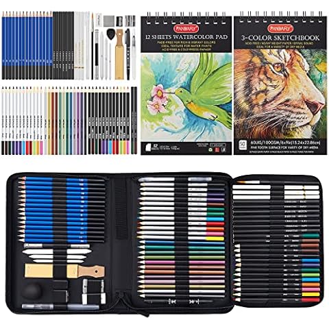 PANDAFLY 80 Pack Drawing Set Sketching Kit, Pro Art Supplies with 3-Color Sketchbook, Watercolor Pad, Colored, Graphite, Charcoal, Metallic Pencil, for Artist Adults Kids Beginner Cover