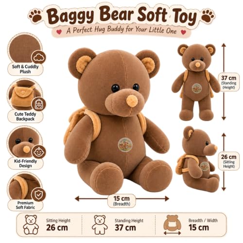 Image of Baggy Teddy Soft Toy 37cm Brown Bear with Backpack