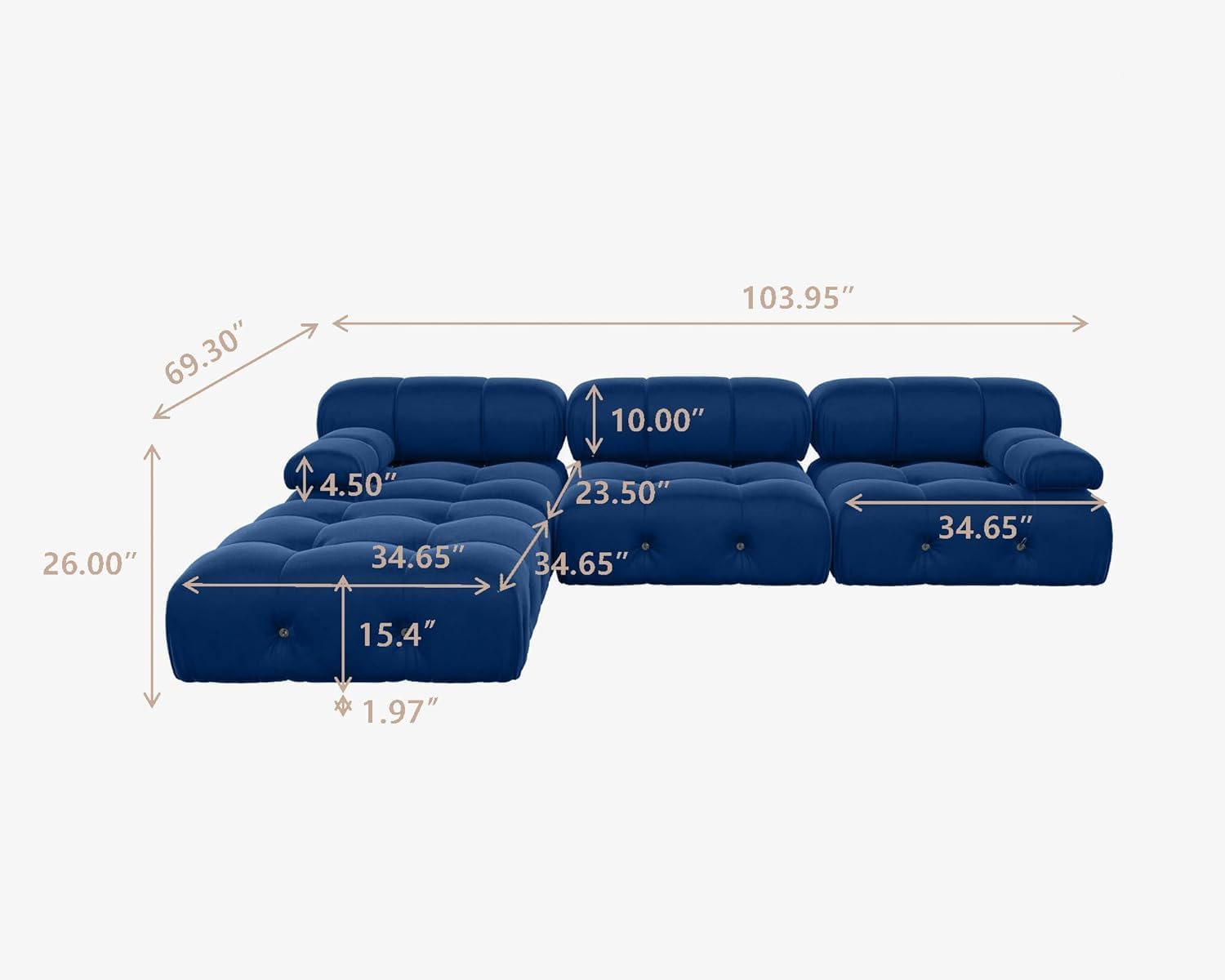 JACH 104" Modular Sectional Couch, L-Shaped Minimalist Velvet Sofas, Convertible Comfy Couch, Sectional Sofa with Reversible Chaise Ottoman for Living Room, Apartment (Blue) L Shape Blue