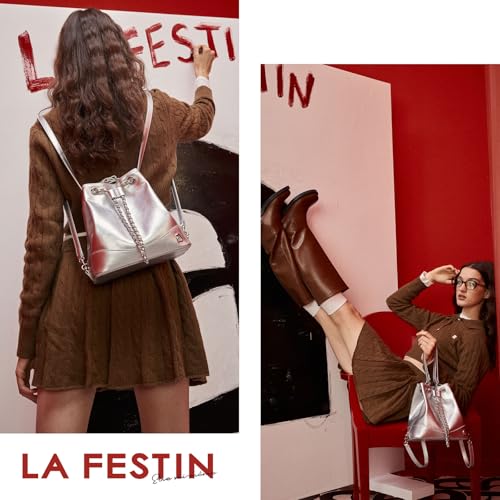 LA FESTIN Leather Purses for Women Cute Backpack Lightweight Shoulder Small Trendy Bucket Handbags with Strap Silver Chain(Silver)2