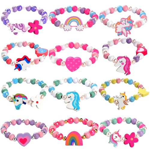 JOTIKO 12 Pcs Kids Bracelets for Toddlers Girls - Unicorn Party Favors Easter Egg FIllers Birthday Goodies Bag Pinata Stuffers, Cute Wooden Beaded Bracelets Princess Play Jewelry Gift for Little Girls