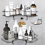 Huryfox Corner Shower Caddy, Bathroom Organizer Shelf Bathtub Storage Basket RV Accessories for Inside Soap Holder Rack and Adhesive Hooks-2 Pack, Black
