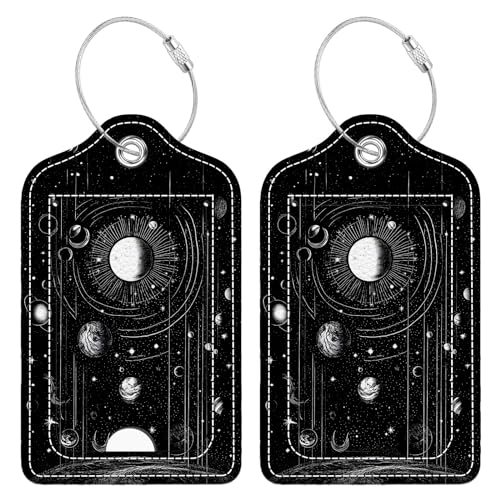 2 Pcs Luggage Tag for Suitcase, Sun Black Planet Unique Leather Suitcase Tags with Full Privacy Cover Stainless Steel Loop for Women Men Travel Baggage Bag Backpack