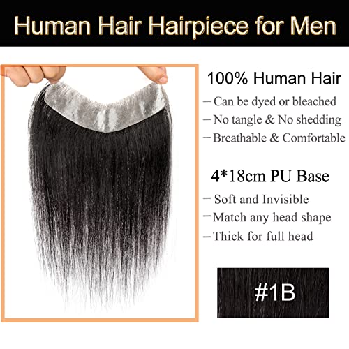 Foto von Originea 100% Echthaar Herren Toupet Echthaar, V-LOOP Skin Hairline Toupee für Männer,4x18cm Frontal Haarteil, Transparente PU Männer Haarlinie Topper (#1B)