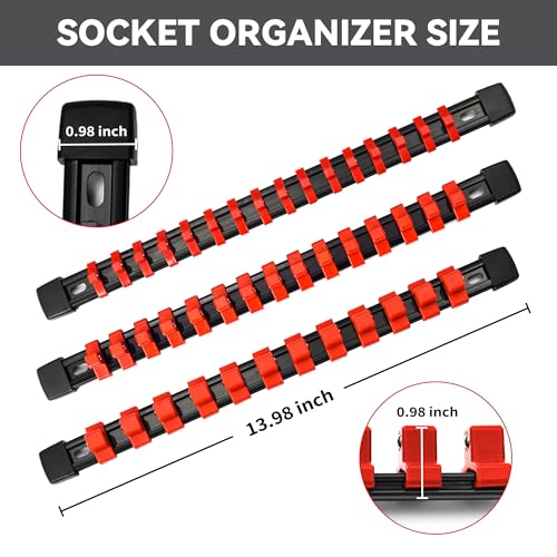 Image of Reniteco 18-Pack Socket Organizer Set, 1 /4 inch x 96 3 /8 inch x 90 1 /2 inch x 72 Clips | 258 Clip Capacity, Havy-Duty ABS Socket Rails, Removable Clips, Drive Socket Storage, Toolbox Drawer or Wall Mount