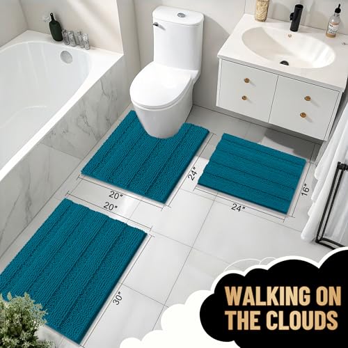 Image of OLANLY Thick Bathroom Runner Rugs 47x17, Extra Absorbent Chenille Striped Bath Rugs, Rubber Backing, Machine Wash Dry, Long Bath Mats for Bathroom, Tub and Shower, Home Decor Accessories, Peacock Blue