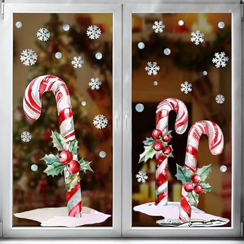 Pawliss Christmas Window Clings Decor, 2 Sheets Extra Large Candy Cane Window Clings with Red Berry and Holly Leaves, Rustic Candy Snowflakes Xmas Window Stickers for Home Office Holiday Party Décor Cover