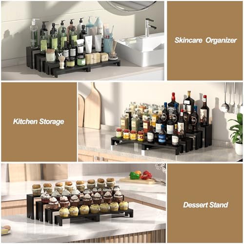 Image of 2 Set Black Wooden Tiered Riser Display Stands for Vendor Events,Stackable Wood Cupcake Stand,Farmhouse Decor Wood Dessert Table Display Set,Vendor Booth Display Items,Food Display Risers for Party