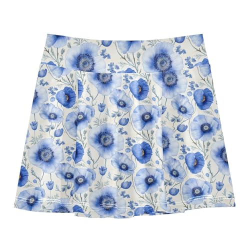 Blue Poppy Flower Skirt for Girls with Built in Shorts Flowy Skort Kids with Pockets Skorts for Little Girl