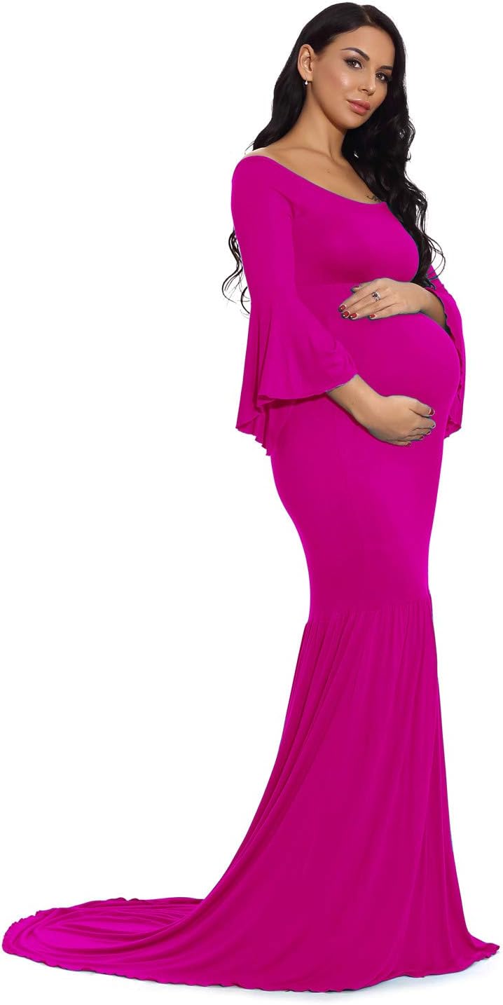 ZIUMUDY Maternity Retro Off Shoulder Flare Sleeves Mermaid Gown Maxi Photography Dress for Baby Shower - Image 3