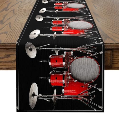 Erosebridal Drum Kit Table Runner,Classical Rock Roll Music Table Runner Black for Kitchen Table Setting Decor,Geometric Drum Set Rectangular Runner,Pop Music Lovers Table Runners,Red Black,13X90 image 5