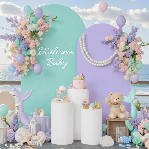 Image of Blue and Purple Photo Arch Backdrop Cover Set of 2-7.2ft and 6ft Arch Covers Stretchy Backdrop Spandex Mermaid Theme Arch Stand Covers for Girls Birthday Party Wedding Banquet Background Decorations