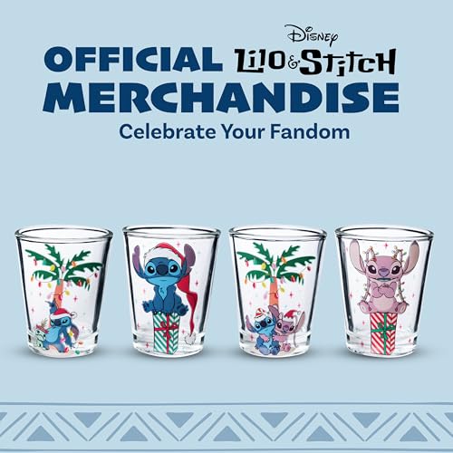Image of Silver Buffalo Lilo and Stitch Xmas Stitch and Friends Palm Gift Set 4pc. 1.5oz. Mini Glass Set 2x2