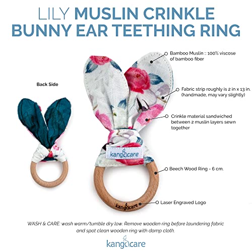 Image of Kanga Care Baby Soft Muslin Sensory Crinkle Bunny Ear Wood Teething Ring - Lily Flowers