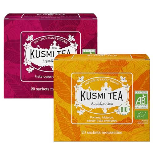 Kusmi Tea - AquaExotica & AquaRosa - Lot de 2 boîtes - Infusions Bio sans Théine Fruitées et Gourmandes - À Déguster Chaud ou en Thé Glacé - 2x20 Sachets de Thé