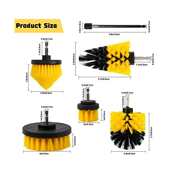 6 Stück Bürstenaufsatz Bohrmaschine Set, Leistungsstarke Bohrbürste Reinigungsbürste Akkuschrauber Drill Brush Felgenbürste Scrubber Reinigung Bürste Kit für Felgen Badewanne Fliesen Auto Küche, Gelb – Bild 3