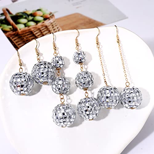 Yahpern 3Pairs Disco Ball Earrings For Women, 60S 70S Outfits Costume Accessory, Statement Dance Party Mirror Ball Dangle Earrings Halloween Holiday Gifts (Silver) #TOP5