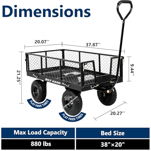 Image of BILT HARD 10 inch Flat Free Tires Heavy Duty Garden Cart with 180 Rotating Handle and Removable Sides, 4 Cu.Ft 880 lbs Capacity Utility Steel Wagons for Outdoor, Yard