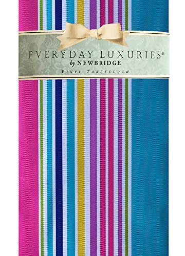 Newbridge Hannah Bright Casual Stripe Vinyl Flannel Backed Tablecloth - Cotton Candy Stripe Indoor/Outdoor Waterproof Picnic, BBQ and Dining Tablecloth - 60” x 84” Oval